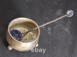 Antique imperial russian silver 84 enamel set, caviar spice herb salt, mark