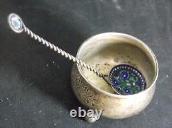 Antique imperial russian silver 84 enamel set, caviar spice herb salt, mark