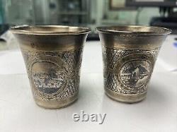 Antique niello imperial Russian Vodka Cup Silver, Engraved, set of 2