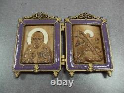 Antiuqe Imperial Russian Icon Foldin Saint Nicholas & George the Victorious Bone