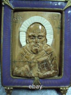 Antiuqe Imperial Russian Icon Foldin Saint Nicholas & George the Victorious Bone