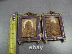 Antiuqe Imperial Russian Icon Foldin Saint Nicholas & George the Victorious Bone