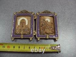 Antiuqe Imperial Russian Icon Foldin Saint Nicholas & George the Victorious Bone