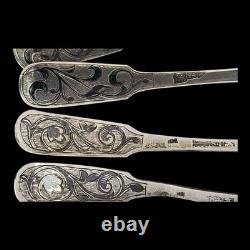 Beautiful Imperial Russian Niello Spoons Set 84 Silver, Dated 1856 Each Marked