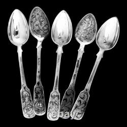 Beautiful Imperial Russian Niello Spoons Set 84 Silver, Dated 1856 Each Marked