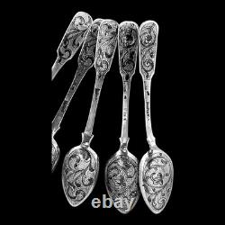 Beautiful Imperial Russian Niello Spoons Set 84 Silver, Dated 1856 Each Marked