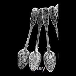 Beautiful Imperial Russian Niello Spoons Set 84 Silver, Dated 1856 Each Marked