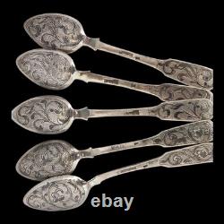 Beautiful Imperial Russian Niello Spoons Set 84 Silver, Dated 1856 Each Marked