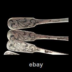Beautiful Imperial Russian Niello Spoons Set 84 Silver, Dated 1856 Each Marked
