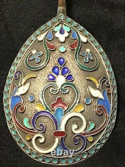 Beautiful Large 19 CM Spoon Cloisonne Enamel Silver 84 Russian Imperial Antiques