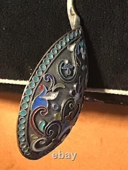 Beautiful Large 19 CM Spoon Cloisonne Enamel Silver 84 Russian Imperial Antiques