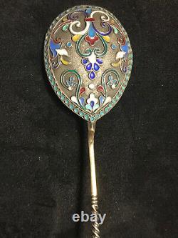 Beautiful Large 19 CM Spoon Cloisonne Enamel Silver 84 Russian Imperial Antiques