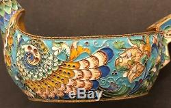 Big Antique Imperial Russian Gilded 84 Sterling Silver and Enamel Kovsh
