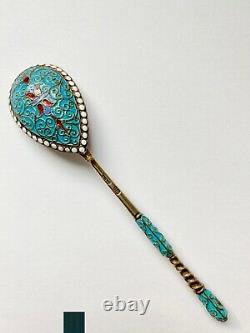 Cloisonne Enamel Spoon Silver / Gold Wash Gustav Klingert Imperial Russian 1899