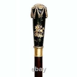 FABERGE Imperial Eagle Russian Silver Seraphinite Emerald Cane Walking Stick RU