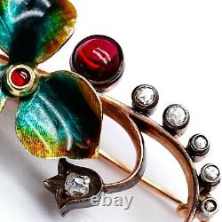 FABERGE Imperial Russian Enamel Lilies of The Valley Diamond Ruby Gold Brooch RU