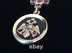 FABERGE Russian Imperial Eagle 14K Gold Ruby Diamond Red Cross Hardstone Pendant