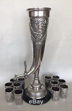 FABERGE WINE HORN FORM URN 12 BEAKERS SET 84 SILVER IMPERIAL RUSSIAN 1890s
