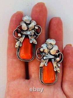 Huge Antique Imperial Russian Sterling Silver 84 Coral Womens Jewelry Earrings