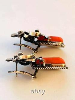 Huge Antique Imperial Russian Sterling Silver 84 Coral Womens Jewelry Earrings