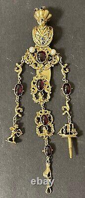 Imperial Russian 84 Gilded Silver, Garnets, Pearls and Sapphire Chatelaine/Fob