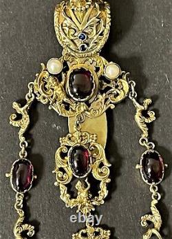 Imperial Russian 84 Gilded Silver, Garnets, Pearls and Sapphire Chatelaine/Fob