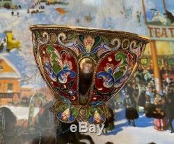 Imperial Russian 88 Silver Gilt Cloisonné Enamel Open Bowl By Grigoriy Sbignev