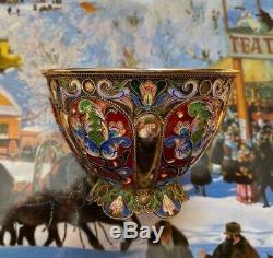 Imperial Russian 88 Silver Gilt Cloisonné Enamel Open Bowl By Grigoriy Sbignev