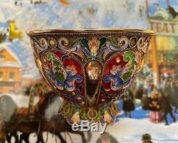 Imperial Russian 88 Silver Gilt Cloisonné Enamel Open Bowl By Grigoriy Sbignev