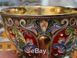 Imperial Russian 88 Silver Gilt Cloisonné Enamel Open Bowl By Grigoriy Sbignev