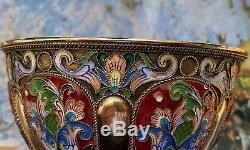 Imperial Russian 88 Silver Gilt Cloisonné Enamel Open Bowl By Grigoriy Sbignev