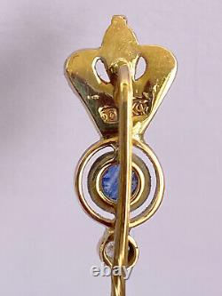 Imperial Russian Faberge 14k 56 Gold Diamond Sapphire Stick Pin Brooch Crown yel