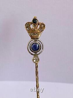 Imperial Russian Faberge 14k 56 Gold Diamond Sapphire Stick Pin Brooch Crown yel