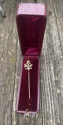 Imperial Russian Faberge 14k 56 Gold Diamond Stick Pin Brooch Coat of Arm
