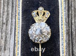 Imperial Russian Faberge 14k 56 Gold Rose cut Diamonds Stick Pin Brooch Crown