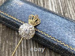 Imperial Russian Faberge 14k 56 Gold Rose cut Diamonds Stick Pin Brooch Crown
