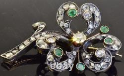 Imperial Russian Faberge 14k Gold 1.5ct Diamonds Emeralds Love Flower Brooch