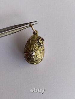 Imperial Russian Faberge 14k Gold 56 Diamond KF Easter Egg Pendant Spider web