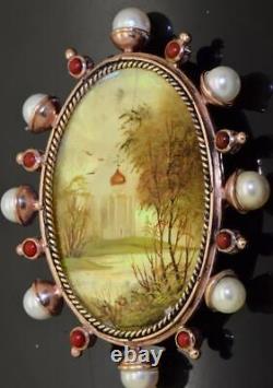 Imperial Russian Faberge 18k Gold Pearl Corals Painted Abalone Brooch Oscar Pihl