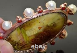 Imperial Russian Faberge 18k Gold Pearl Corals Painted Abalone Brooch Oscar Pihl
