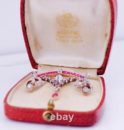 Imperial Russian Faberge Brooch Garland Style 14k Gold Diamond and Burma Ruby