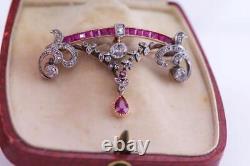 Imperial Russian Faberge Brooch Garland Style 14k Gold Diamond and Burma Ruby