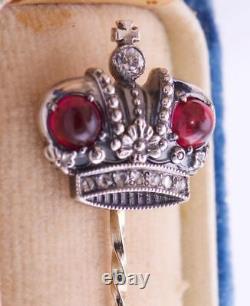 Imperial Russian Faberge Crown Lapel Pin Diplomatic Award Gold Diamond Ruby 1890