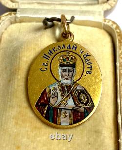 Imperial Russian Faberge Enamel St. Nicholas Wonderworker 14k Gold 56 Pendant