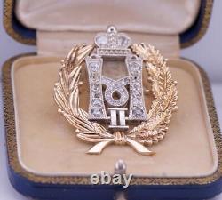 Imperial Russian Faberge Gold 2ct Diamonds Monogram Brooch Tsar Nicholas II-Box