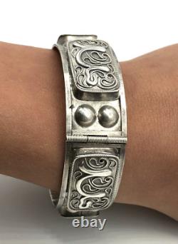 Imperial Russian Silver 84 Ornate Stamped Panels Hinged Bangle Bracelet Antique