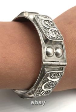 Imperial Russian Silver 84 Ornate Stamped Panels Hinged Bangle Bracelet Antique