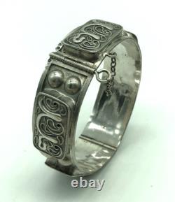 Imperial Russian Silver 84 Ornate Stamped Panels Hinged Bangle Bracelet Antique