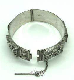 Imperial Russian Silver 84 Ornate Stamped Panels Hinged Bangle Bracelet Antique
