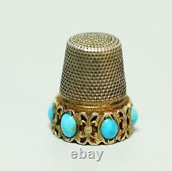 Imperial Russian Tsarist 84 Silver Turquoise Set Sewing Thimble Embroidery